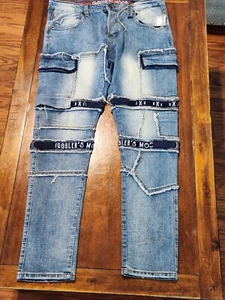 NWT Smugglers Moon Strapped Up Cargo Distressed Button Fly Jeans Size 38x33 - Picture 1 of 13