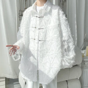 Men Shirt Coat Loose Jackets Casual with Raw-edge Fringe Jacket Streetwear Large - Picture 1 of 14