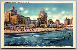 Postcard Atlantic City NJ c1940s View from Beach Row of Hotels Bathers Linen - Picture 1 of 2