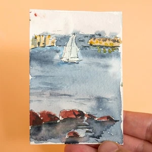 ACEO watercolor original of Oeiras Santo Amaro Beach view on sunset with yacht - Picture 1 of 6