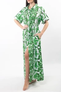 Vestido camisero largo de algodón y mangas cortas en verde ~ Antica Sartoria - Imagen 1 de 2