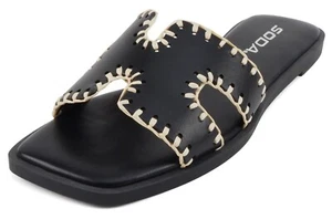 Soda Women Sandals H-Band Flat Flip-Flops Slides Raffia Square Toe Finity Black - Picture 1 of 5
