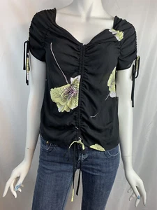 1.STATE Women's Black Short Sleeve V-Neck Pull drawstrings Floral Blouse Sz XS - Picture 1 of 12