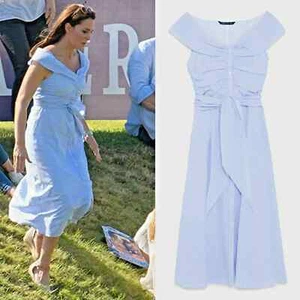 BNWT ZARA Blue White Striped Off Shoulder Midi Dress M ASO Royal 4043/095/400 - Picture 1 of 16