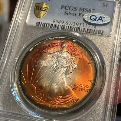2000 PCGS MS67 ASE American Silver Eagle Double Side Monster Deep Red Rainbow! - Image 1 of 4