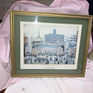 FRAMED PRINT “ V.E DAY CELEBRATIONS BY L.J. LOWRY.13”x11”RUSTIC GOLD FRAME - Picture 1 of 9