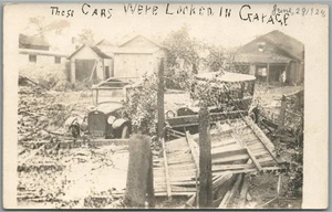 LORAIN OH CAR GARAGE LOCKED CARS DAMAGE SCENE ANTIQUE REAL PHOTO POSTCARD RPPC - Picture 1 of 2