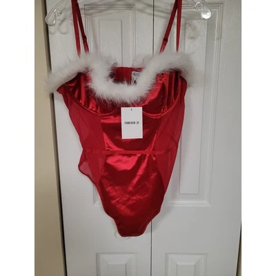 Forever 21 Rojo Satén Malla Piel Bordeado Peluche Body Vacaciones Lencería Sexy Foto 1 de 4