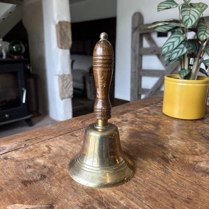 Antique Vintage Brass Bell Dinner School Yard Oak Handle Table Bell Church - Picture 1 of 10