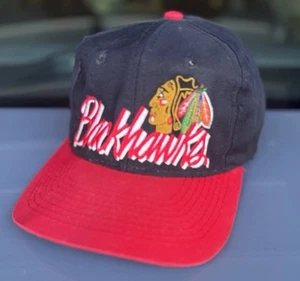 Vintage 90s Chicago Blackhawks Logo The Game Hat Cap Snapback Two Tone Black Red - Picture 1 of 14