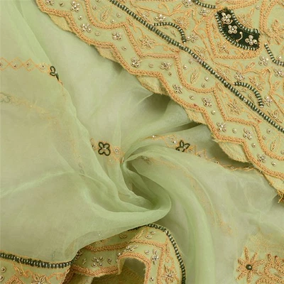 Sanskriti Vintage Green Dupatta Long Stole Net Mesh Hand Beaded Zardozi Scarves - Image 1 of 4