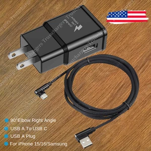 USB Plug Right Angle Braided Type C to A Cable Charger For Samsung iPhone 15 16 - Picture 1 of 19