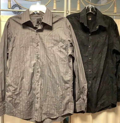 J Ferrar Cotton Black Floral Embroidered Grey Striped Button Shirt L - Image 1 of 4