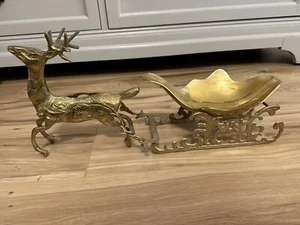 Vintage Large MCM Solid Brass Reindeer & Sleigh Christmas Centerpiece - Bild 1 von 11