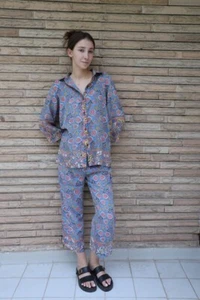 Conjunto de pijama 100 % algodón puro azul y amarillo vestido estampado floral para mujer MG1082 - Imagen 1 de 8