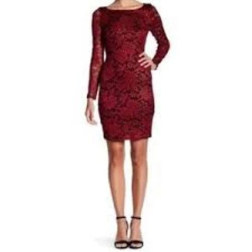 Eliza J Lace Long Sleeves Red/Black Cocktail Sheath Dress Sz 12 - Image 1 of 4