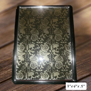 Skulls & Roses Fleur-de-lis Metal Card Holder Money Holder Hard Wallet - Picture 1 of 4