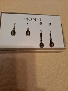 Vtg Monet Three Piece Boxed Jewelry Set. Amber stones, one tiger eye. Beautiful! - Picture 1 of 8