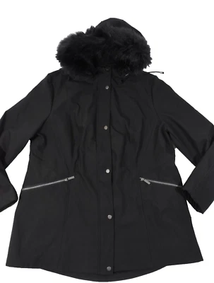 Chaqueta de trinchera French Connection para mujer nueva 3X negra con ribete de piel sintética forrada de vellón Foto 1 de 4