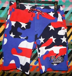 Polo Ralph Lauren Spell Out Red White Blue Camo Fleece Drawstring Sweat Shorts M - Picture 1 of 4