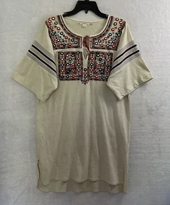 Kimchi Blue Shirt Dress Womans Small Geometric Beaded Beige Short Sleeve Cotton - Picture 1 of 8