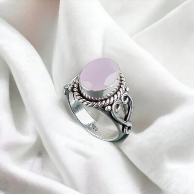Anel feminino de pedra preciosa natural calcedônia rosa prata esterlina 925 presente - Imagem 1 de 4