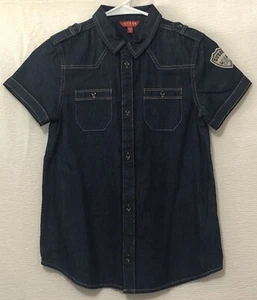 Guess Los Angeles Boys Short Sleeve Blue Dark Denim Buttons Down Shirt Size 10 - Picture 1 of 7