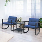 Patiojoy 3pcs Rattan Furniture Set Rocking Chairs Cushioned Sofa Navy Garden