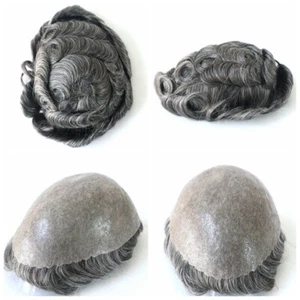 Mens Human Hair Replacement System Medium Poly Skin V Toupee Wig Hairpiece #1B50 - Picture 1 of 7