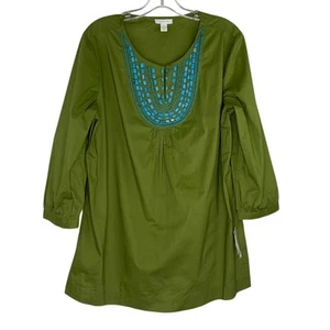 Charter Club Green Mozambique faux Turquoise studded neckline blouse women's 16  - Picture 1 of 10