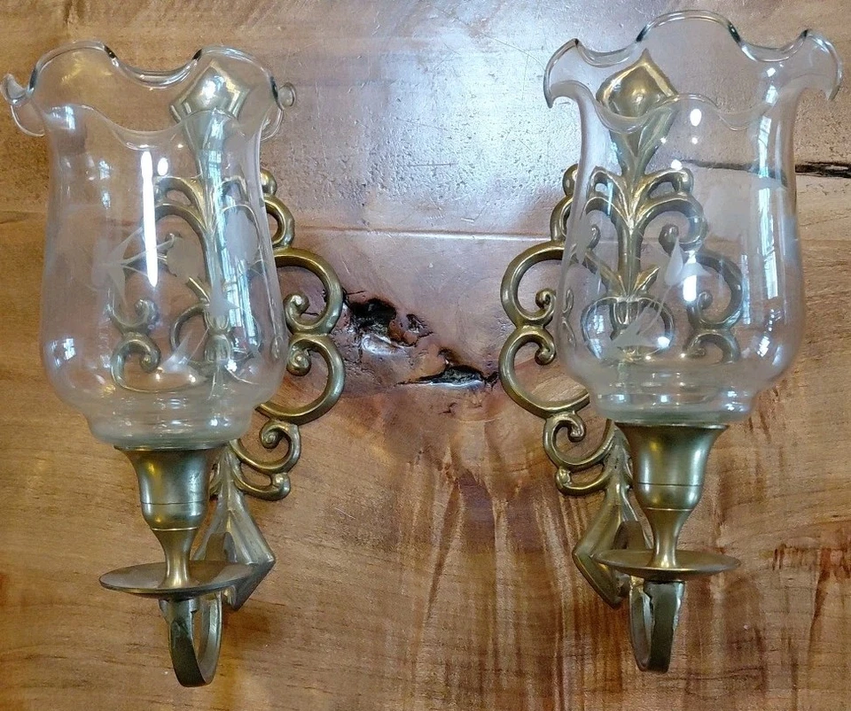 Lot 2 Brass Metal Ornate Wall Candleholder Sconce Tulip Glass Hurricane - Image 1 of 4