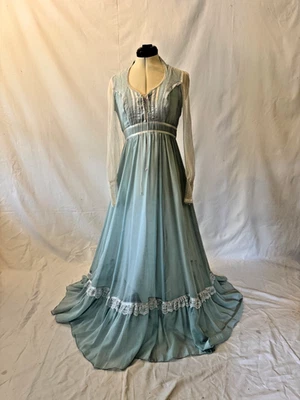Vintage 1970s Sky Blue Gunne Sax Maxi Dress with Sheer Net Sleeves & Lace Trim - Image 1 of 4