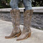 Vintage Women's Cowgirl Cowboy Boots Printed Mid Wide Calf Western Shoes Comfort