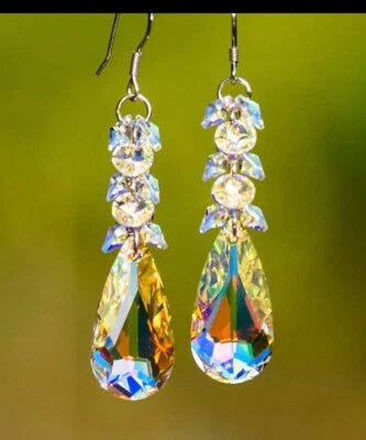 Long Aurora Borealis Earrings Iridescent Dangle Clear Rainbow Crystal Earrings - Image 1 of 4