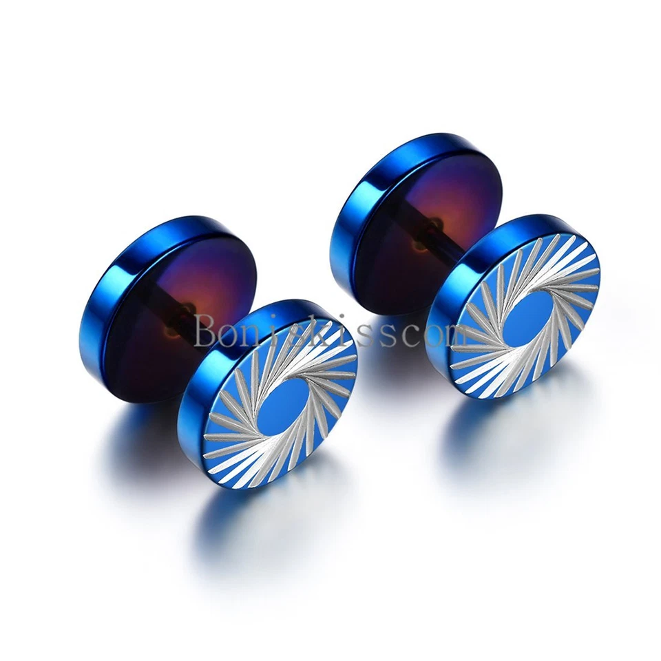 Pendientes de 2 piezas con tornillo redondo de acero inoxidable azul con barra tornado para hombre Foto 1 de 4