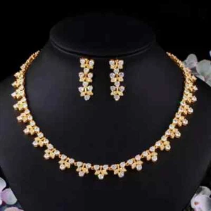 25Ct LabCreated Diamond Wedding Necklace&Earrings Set 14K Yellow Gold Plated 18" - Picture 1 of 4