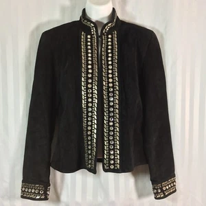 Double D Ranch XS Dark Brown Leather Jacket Beaded Studded Mandarin Collar - Picture 1 of 12