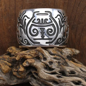 Sterling Silver Pot-and-Corn Overlay Design Cuff Bracelet Signed HJ - Picture 1 of 6