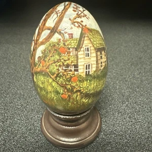 Vintage Handpainted Egg With Stand Country Landscape - Picture 1 of 4