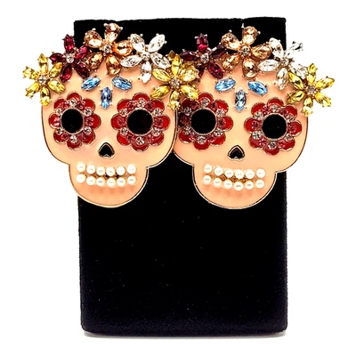 Pendientes perforados calavera rosa claro esmalte con estrás de vidrio imitación perlas decoradas Foto 1 de 4