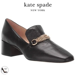 Kate Spade Gabby Black Leather Block Heel Loafer Square Toe Shoes Gold Chain 7.5 - Picture 1 of 9