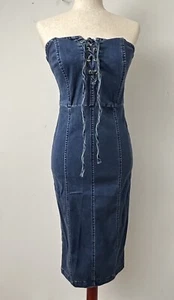 NY&C Denim Fitted Strapless Dress Women’s Sz M Lace Up Straight Pencil Midi NWT - Picture 1 of 12