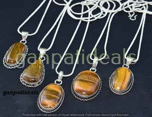 Tiger Eye Mix Shape Chain Pendants 5pcs Wholesale Lot 925 Silver Plated Jewelry - Picture 1 of 3