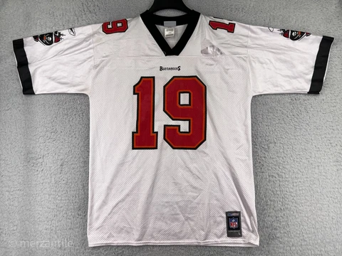 Tampa Bay Buccaneers Football Jersey Men Large White Reebok #19 Keyshawn Johnson Cover
