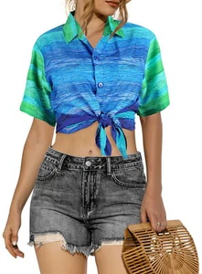 HAPPY BAY Hawaiian Shirts Womens Summer Beach Party L Stripes, Blue - Picture 1 of 3
