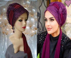 Bonnet Hat Hair Loss. Turban color Maroon Glitter with a Scarf.  Instant Scarf - Picture 1 of 8