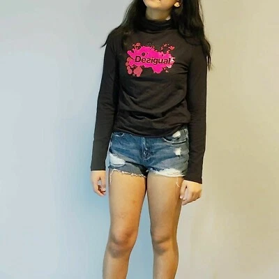 Desigual Printed T-Shirt Girl Black Top Sweatshirt Cowl Neck 13/14 Years 001 - Image 1 of 4