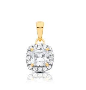 Zircon Cushion Cluster Pendant Solid 9ct Yellow Gold 18" Chain Hallmarked - Picture 1 of 4