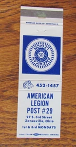 FUNDA FRATERNAL LEGION MATCHBOOK: ZANESVILLE, OHIO CUBIERTA VACÍA -B9 - Imagen 1 de 1
