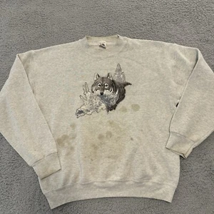 fruit of the loom Sweater  vintage crewneck  gray Adult Size Xl Made In USA Wolf - Picture 1 of 11